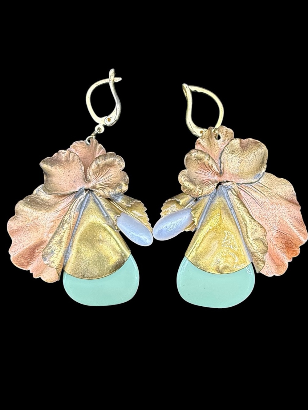 Vintage Gold and Pastel Floral Drop Earrings - Women Jewelry
